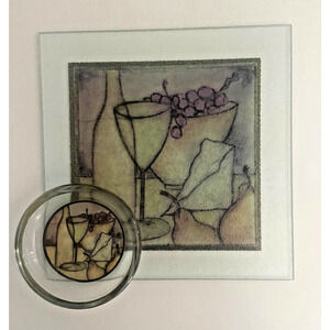 NWOT Art Glass Mediterranean 8" Wine Cheese Board W/ Olive Oil Dipping Bowl